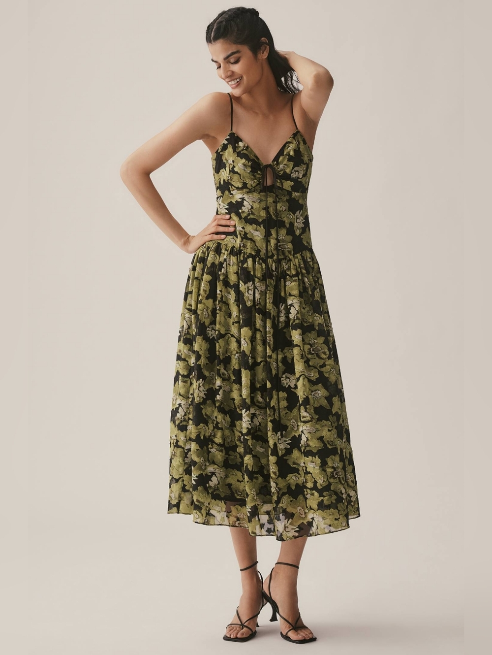 Endless Rose Olive Green Floral Midi Dress with Black Accents